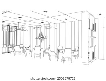 interior outline sketch drawing perspective of a reception area