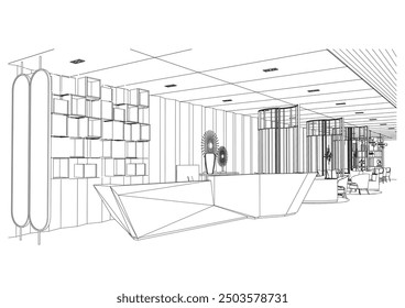 interior outline sketch drawing perspective of a reception area