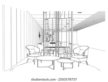 interior outline sketch drawing perspective of a reception area