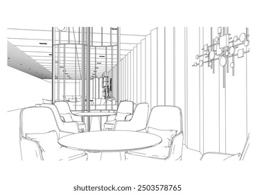 interior outline sketch drawing perspective of a reception area