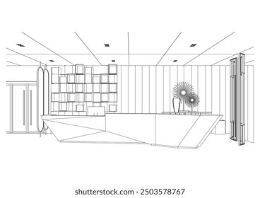 interior outline sketch drawing perspective of a reception area
