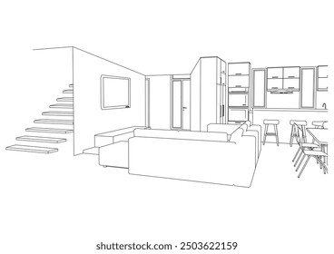 interior outline sketch drawing perspective of a house