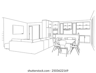 interior outline sketch drawing perspective of a house