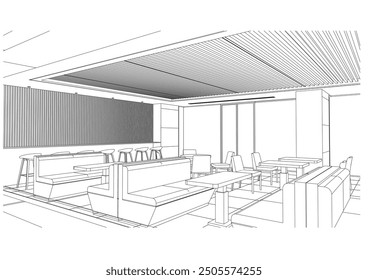 interior outline sketch drawing perspective of a restaurant