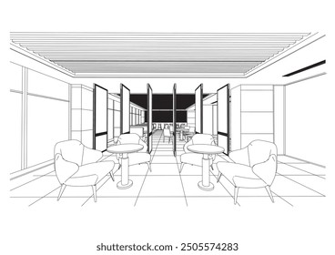 interior outline sketch drawing perspective of a restaurant
