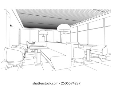 interior outline sketch drawing perspective of a restaurant