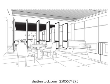 interior outline sketch drawing perspective of a restaurant