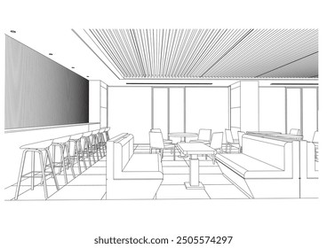 interior outline sketch drawing perspective of a restaurant