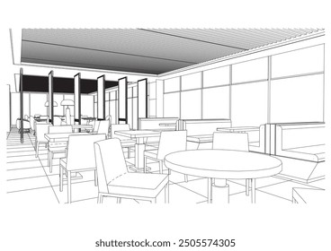 interior outline sketch drawing perspective of a restaurant