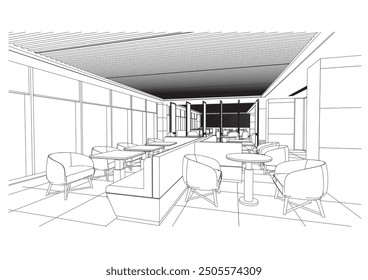 interior outline sketch drawing perspective of a restaurant