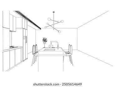 interior outline sketch drawing perspective of kitchen