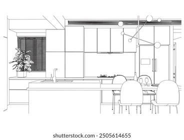 interior outline sketch drawing perspective of kitchen