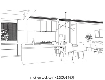 interior outline sketch drawing perspective of kitchen