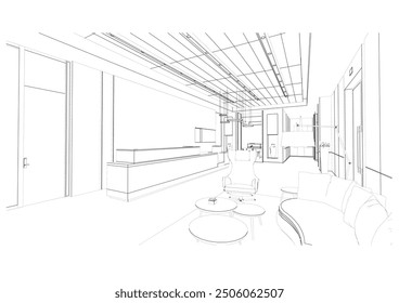 interior outline sketch drawing perspective of a reception area