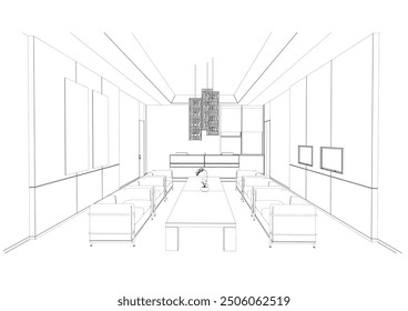 Esquema interior Dibujo Perspectiva de un área de recepción