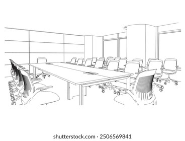 interior outline sketch drawing perspective of a conference room