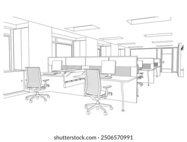 interior outline sketch drawing perspective of office