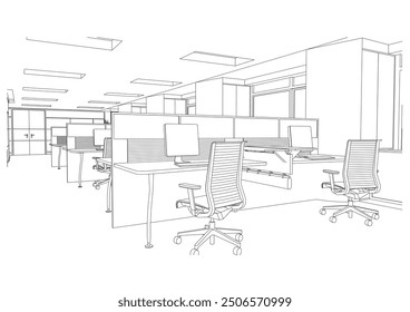 interior outline sketch drawing perspective of office