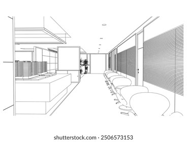 interior outline sketch drawing perspective of a reception area