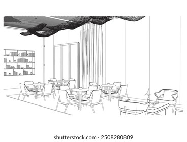 interior outline sketch drawing perspective of restaurant