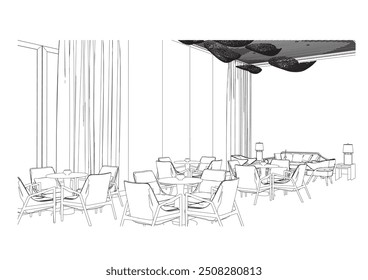 interior outline sketch drawing perspective of restaurant