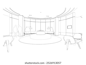 interior outline sketch drawing perspective of a reception area