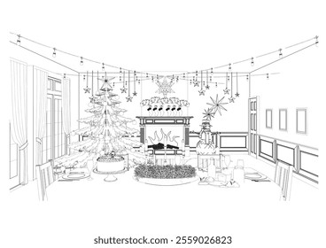 interior outline sketch drawing perspective of a living room,celebrating christmas