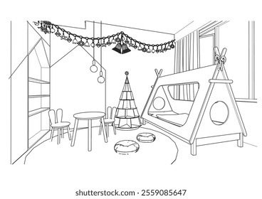 interior outline sketch drawing perspective of a child's room with christmas decorations