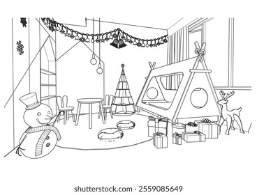 interior outline sketch drawing perspective of a child's room with christmas decorations