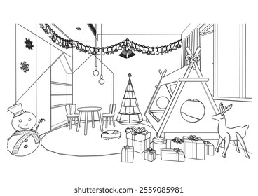 interior outline sketch drawing perspective of a child's room with christmas decorations