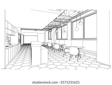 interior outline sketch drawing perspective of a rest area,co-working space