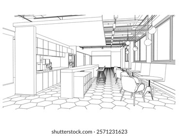interior outline sketch drawing perspective of a rest area,co-working space