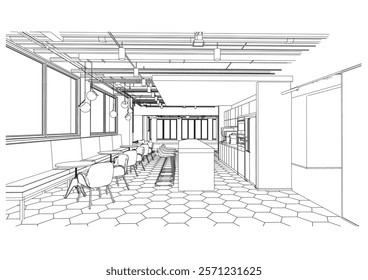 interior outline sketch drawing perspective of a rest area,co-working space