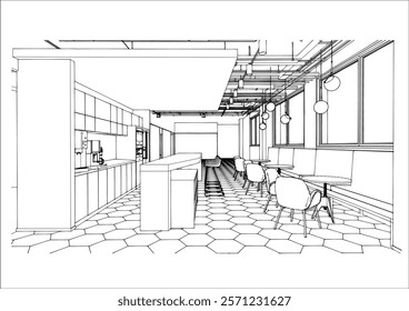 interior outline sketch drawing perspective of a rest area,co-working space