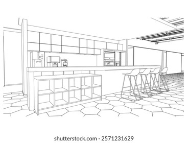 interior outline sketch drawing perspective of a rest area,co-working space