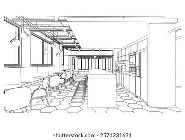 interior outline sketch drawing perspective of a rest area,co-working space