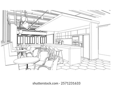 interior outline sketch drawing perspective of a rest area,co-working space