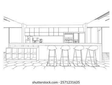 interior outline sketch drawing perspective of a rest area,co-working space