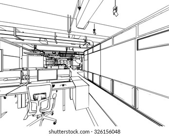 interior outline sketch drawing perspective of a space office