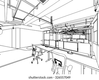 interior outline sketch drawing perspective of a space office
