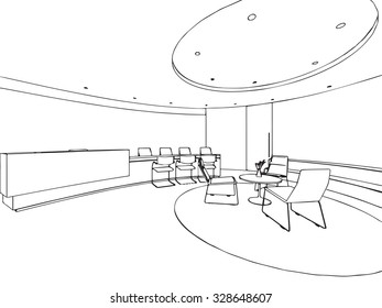 interior outline sketch drawing perspective of a space office