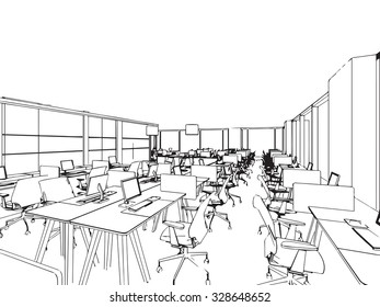 interior outline sketch drawing perspective of a space office