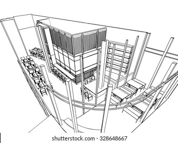 interior outline sketch drawing perspective of a space office