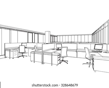 interior outline sketch drawing perspective of a space office