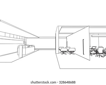 interior outline sketch drawing perspective of a space office