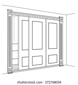 Interior outline sketch drawing perspective of a wardrobe. Line drawing of the interior on a white background