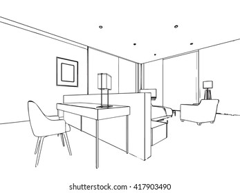 interior outline sketch drawing perspective of a space office