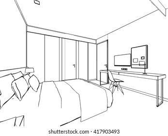 interior outline sketch drawing perspective of a space office