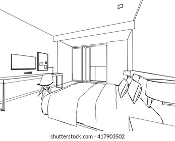 interior outline sketch drawing perspective of a space office