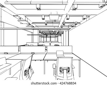 interior outline sketch drawing perspective of a space office